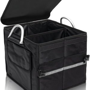 Trunk Organizer With Lid,Small,Black 28L,For SUV Car Truck,Collapsible Waterproof Oxford Fabric,Portable Multipurpose sorting,2-Compartments with Aluminium Alloy Handle