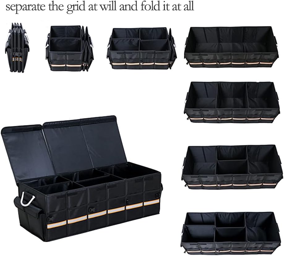 Car Trunk Organizer - Collapsible Trunk Organizer & Lid Foldable Cover Aluminium Alloy Handle Reflective Strip for Auto, SUV, Truck, Minivan (XL Black) - Image 2