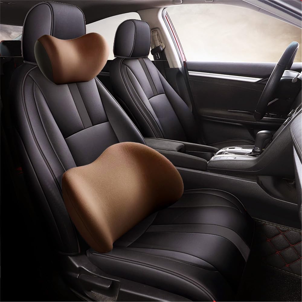 Car Headrest & Lumbar Support Cushion, New Ergonomic Car Seat Headrest & Lumbar Cushion with Adjustable Strap, Car Lumbar Support Pillow and Car Neck Pillow Kit for Neck Back Pain Relief (Coffee)