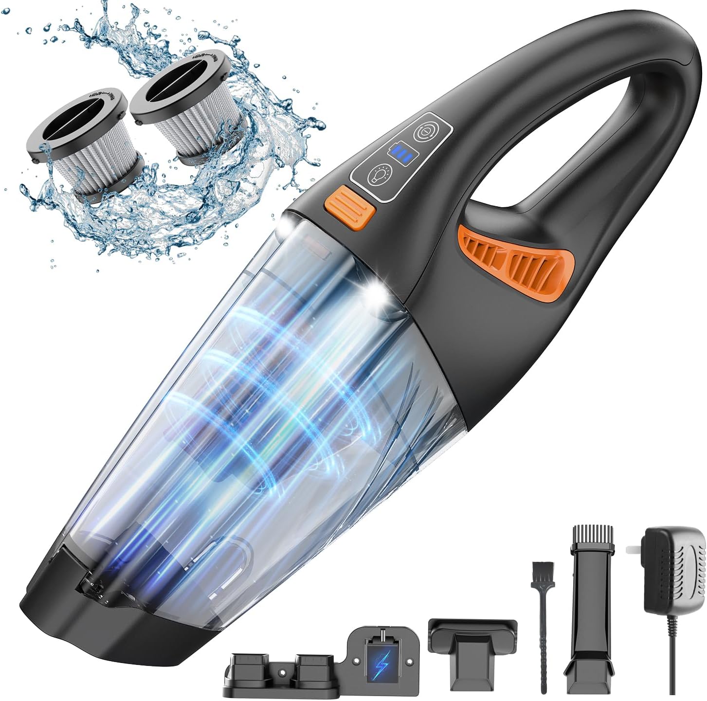 Handheld Car Vacuum Cleaner, 15000Pa Cordless Hand Held Vacuum Cleaner, 160W Powerful Car Vacuum Portable Cordless Lightweight LED Light Fast Charge Wall Bracket Multi-Nozzles (Orange)