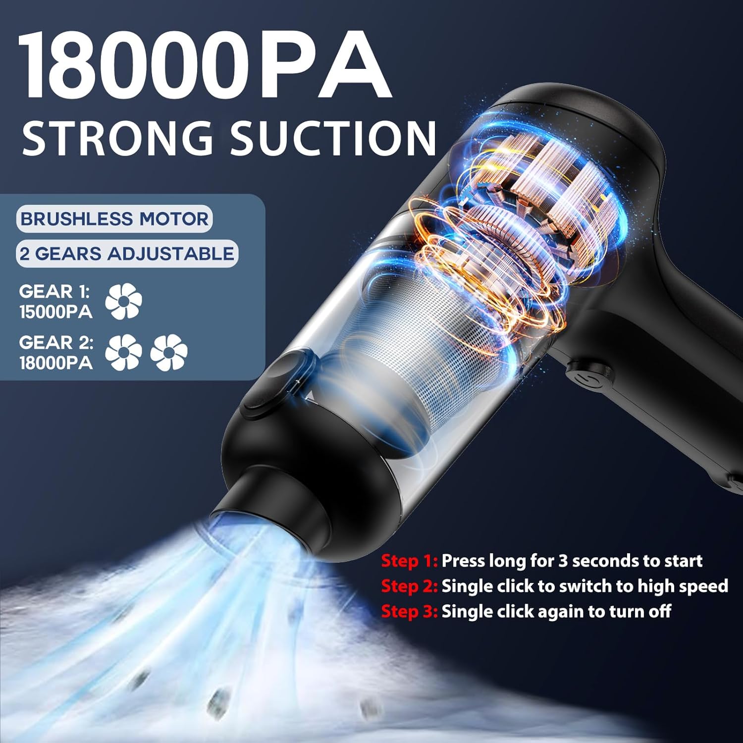 Mini Cordless Handheld Car Vacuum Cleaner/Air Duster/Blower/Hand Pump, 18000 PA High Power Brushless Motor, Portable Keyboard Vacuum Cleaner with Multi-Nozzles for Home, Office, Computer(BlackGrey) - Image 2