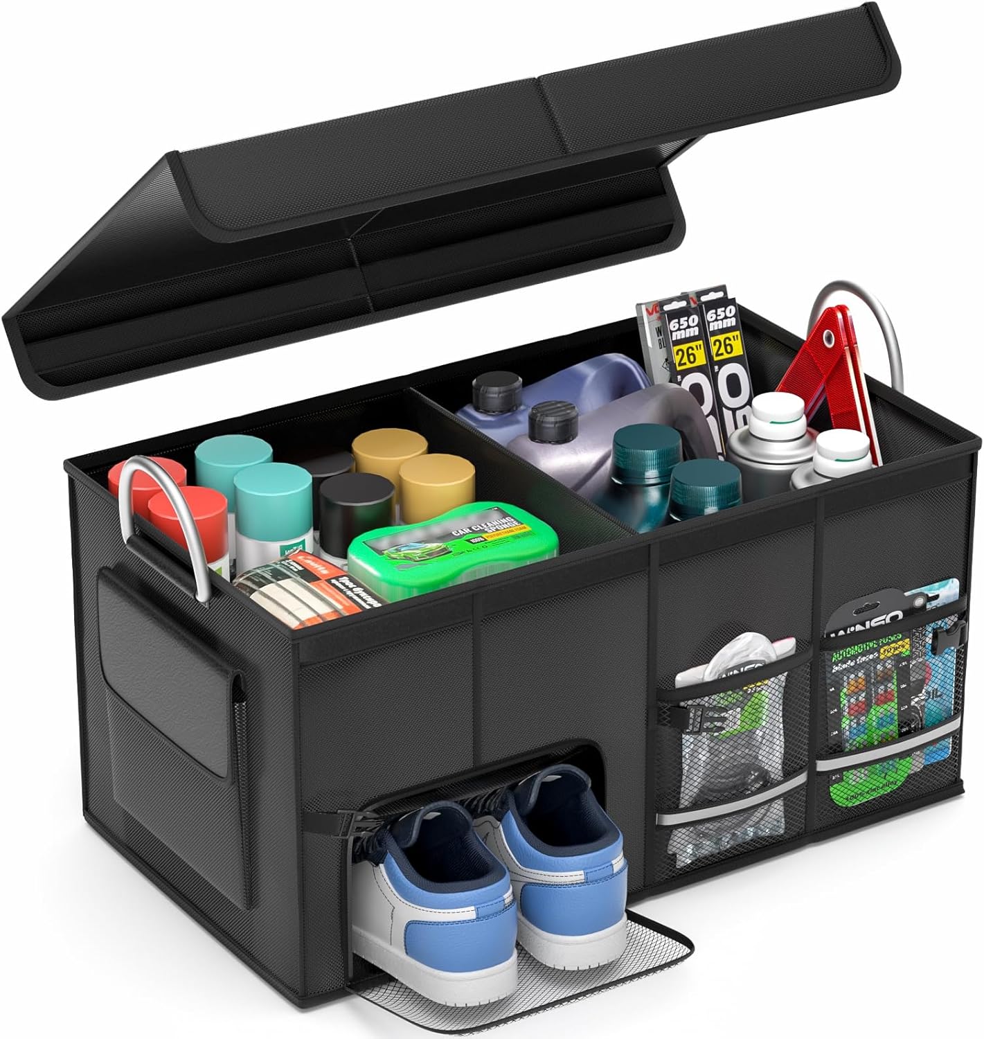 Car Trunk Organizer with Lid - Collapsible Multi Compartment Car Organizer - Multiple Pockets, Multi-purpose Travel Accessory - Anti-slip & Leak-proof Fits any Car, SUV, Minivan