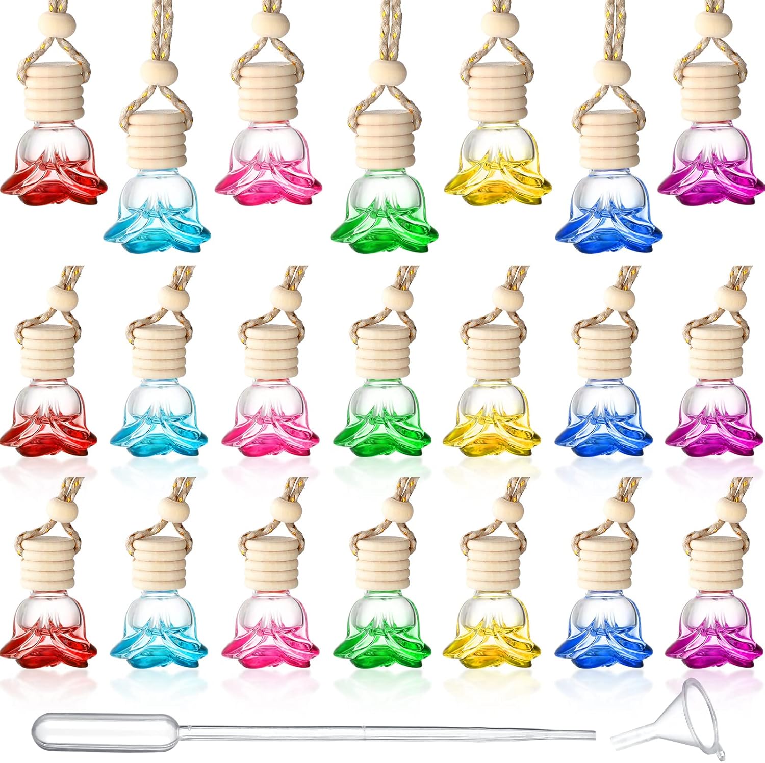 20 Pcs Car Essential Oil Diffuser Hanging Bottle Air Freshener Car Perfume Diffuser Empty Glass Bottle Refillable Aromatherapy Fragrance Bottle Pendant Auto Interior Ornament (Rose Style)