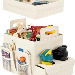 Trunk Organizer for Car, Car Organizer with Cup Holder, Seat Back Storage with Lid, Medium, Beige, 1-Pack