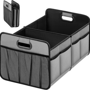 Car Trunk Organizer, Collapsible 2 Compartments Trunk Storage, Anti-slip Design, Made of Waterproof 600D Oxford Polyester, Suitable for SUV, Minivan, Truck, Standard Size, Grey